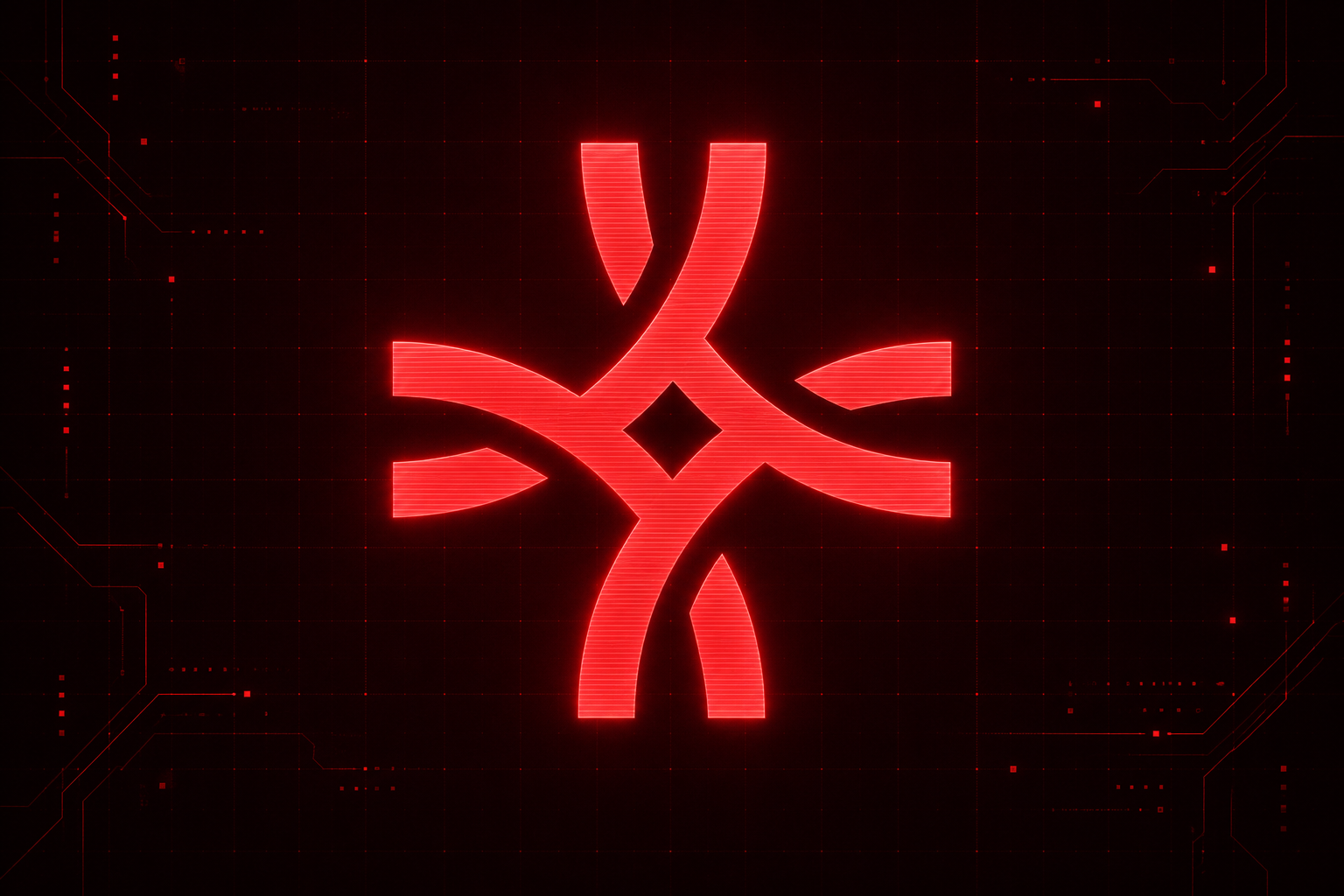 Synergy Module emblem illuminated in a red terminal grid
